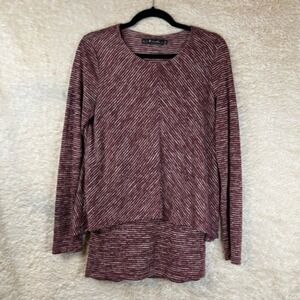 Neesha Womens Double Layered Tunic Top‎ Red Stripe Long Sleeve Scoop Stretch M